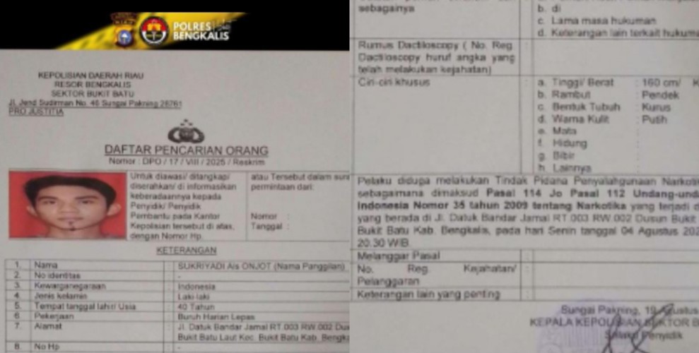 Sukriyadi Onjot, Polisi Buru Buronan Kasus Peredaran Perusak Saraf di Bukit Batu Bengkalis