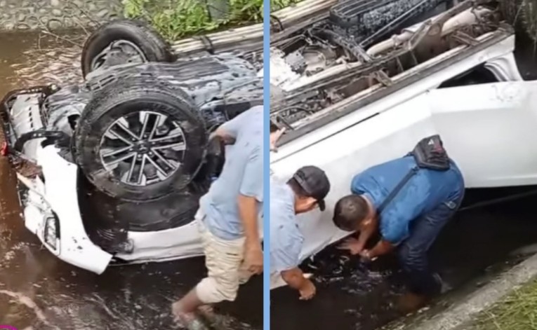 Mobil Pajero Terbalik Masuk Parit di Pekanbaru, Diduga Akibat Jalan Licin