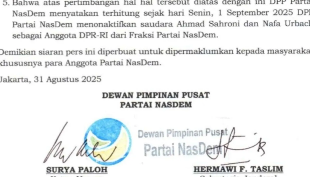 Partai NasDem Nonaktifkan Sahroni dan Nafa Urbach Sebagai Anggota DPR