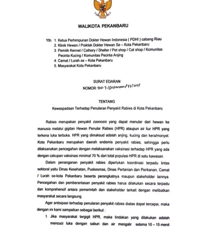 Pemko Pekanbaru Terbitkan Edaran Kewaspadaan Rabies, Pemilik Hewan Wajib Vaksinasi