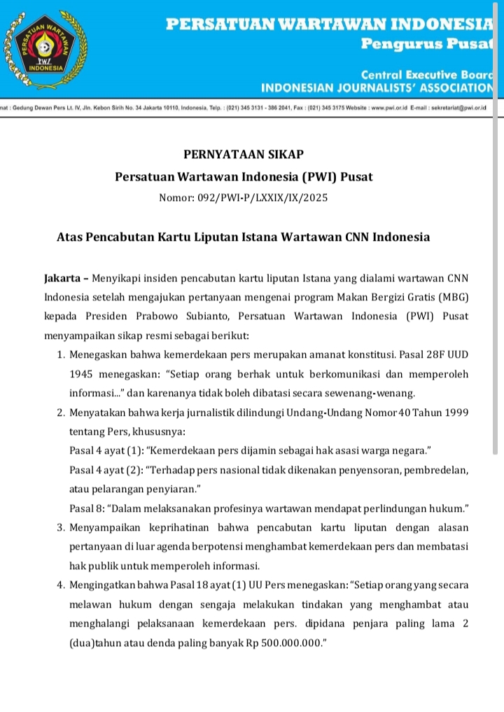 PWI Pusat Prihatin Pencabutan Kartu Liputan Istana Wartawan CNN Indonesia