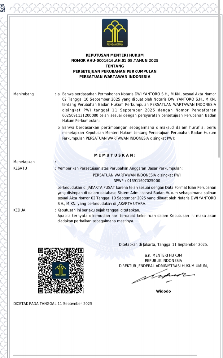 AHU Terbit, PWI Resmi Kembali Terdaftar di Kemenkum